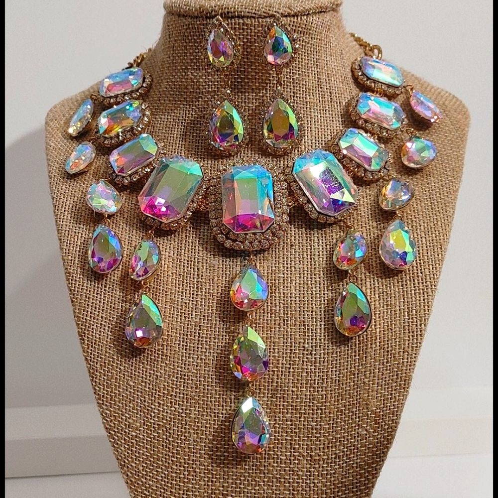 Crystal Drop Gold Ab Necklace Set